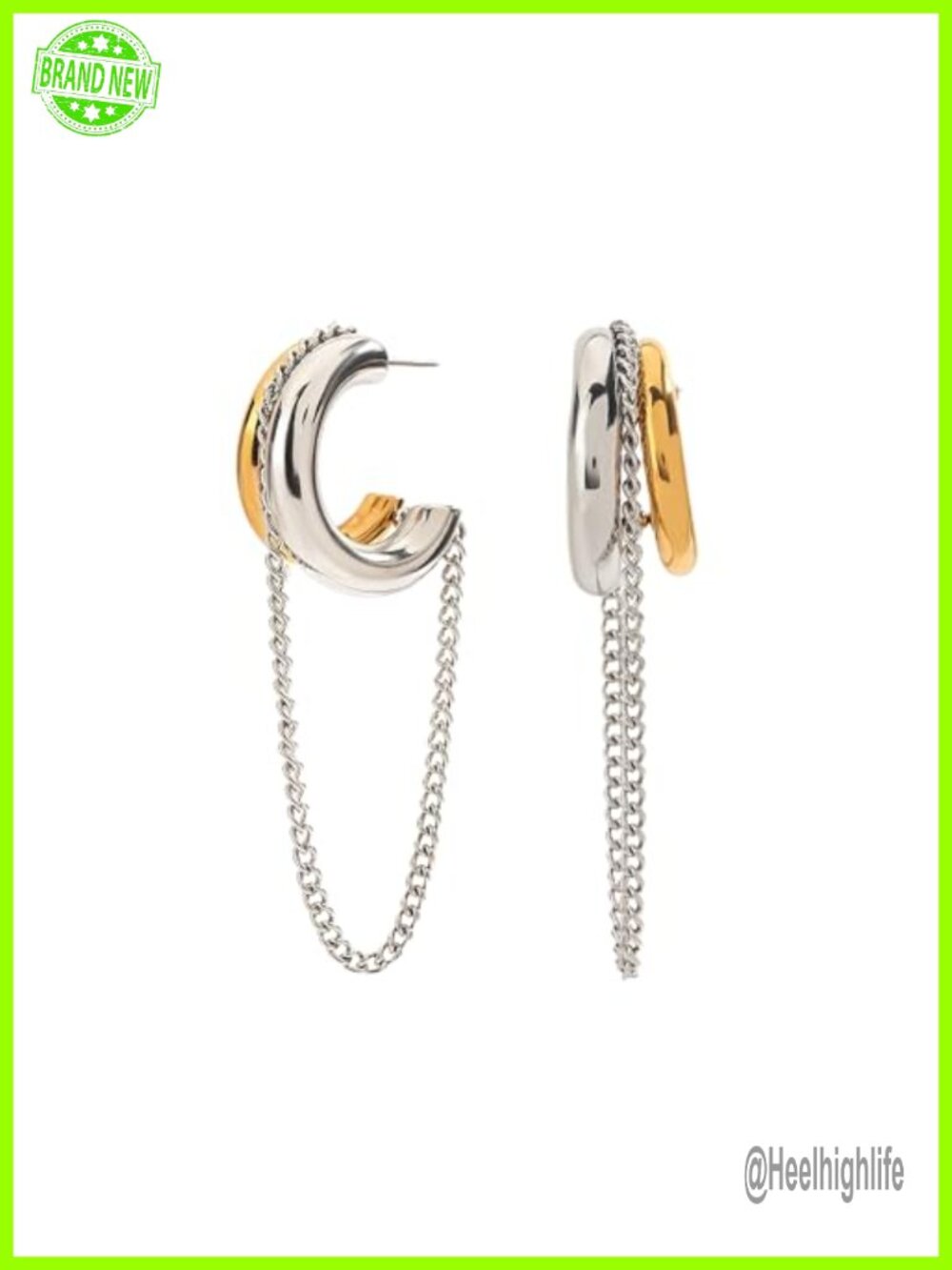 Two-Tone Chain Tassel Hoop Earrings Brass Metal 3.82 Inch